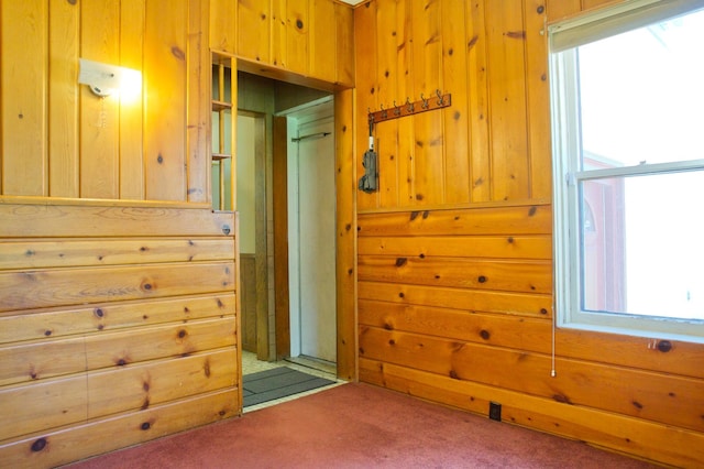 spare room featuring carpet flooring, wooden walls, and plenty of natural light