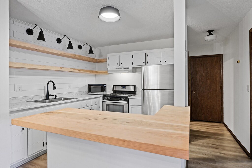 4004 Foss Rd Unit 203, Saint Anthony, MN 55421 - kitchen featuring butcher block countertops, stainless steel appliances, under cabinet range hood, a sink, and open shelves