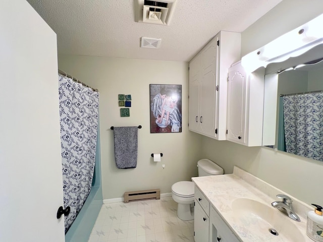 bathroom featuring a textured ceiling, visible vents, baseboards, toilet, and baseboard heating