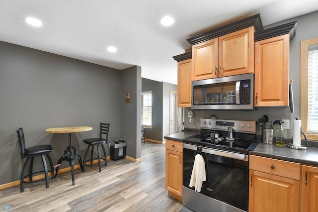 kitchen with dark countertops, plenty of natural light, stainless steel appliances, and light wood-type flooring