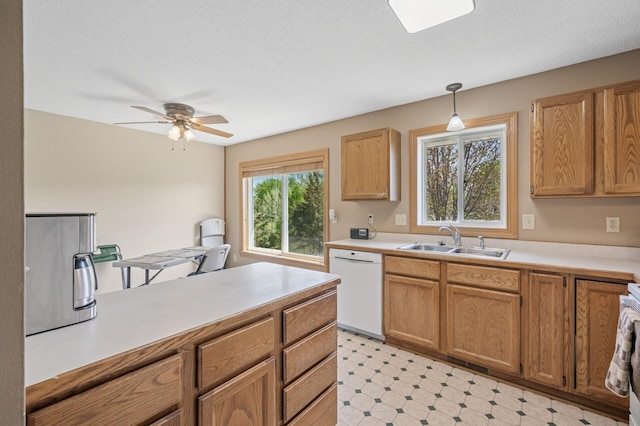 kitchen with a sink, dishwasher, light countertops, ceiling fan, and light flooring