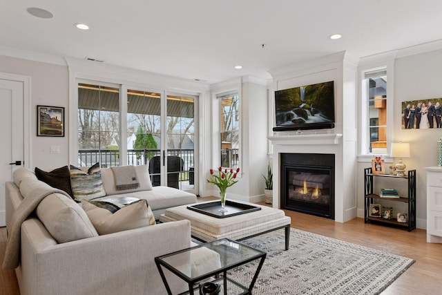 6112 Kellogg Unit 200D, Edina, MN 55424 - living area featuring a glass covered fireplace, light wood-type flooring, recessed lighting, and crown molding