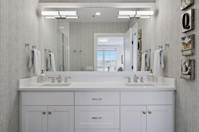 6112 Kellogg Unit 200D, Edina, MN 55424 - full bathroom featuring a shower stall, double vanity, and wallpapered walls