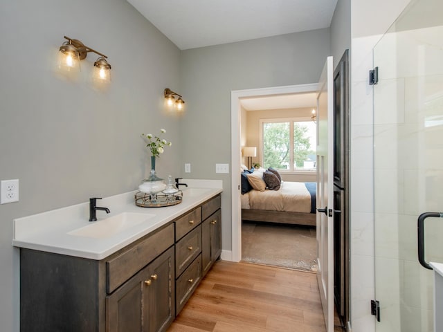 9160 62nd St S, Cottage Grove, MN 55016 - ensuite bathroom with wood finished floors, a stall shower, and double vanity
