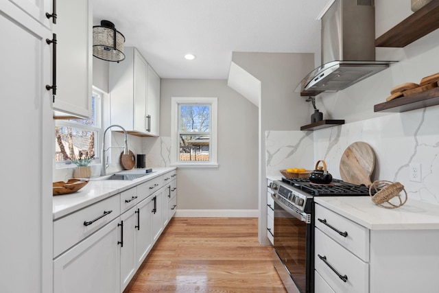 4015 Queen Ave N, Minneapolis, MN 55412 - kitchen with stainless steel gas range oven, a sink, island exhaust hood, open shelves, and white cabinets