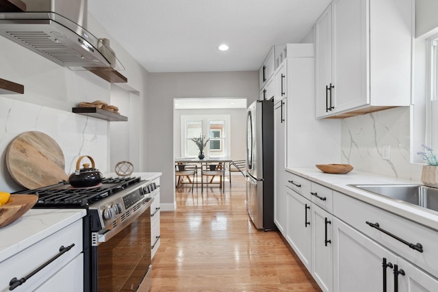 4015 Queen Ave N, Minneapolis, MN 55412 - kitchen featuring open shelves, stainless steel appliances, ventilation hood, white cabinets, and tasteful backsplash