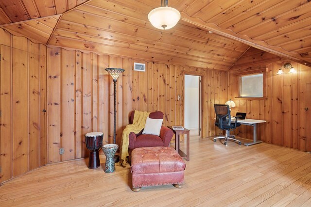 300 Diamond Lake Rd, Minneapolis, MN 55419 - office featuring visible vents, vaulted ceiling, wooden ceiling, wood finished floors, and wooden walls