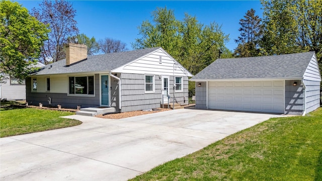 single story home with a chimney, a shingled roof, a front yard, and a garage