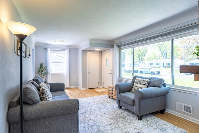living room featuring plenty of natural light, wood finished floors, and baseboards