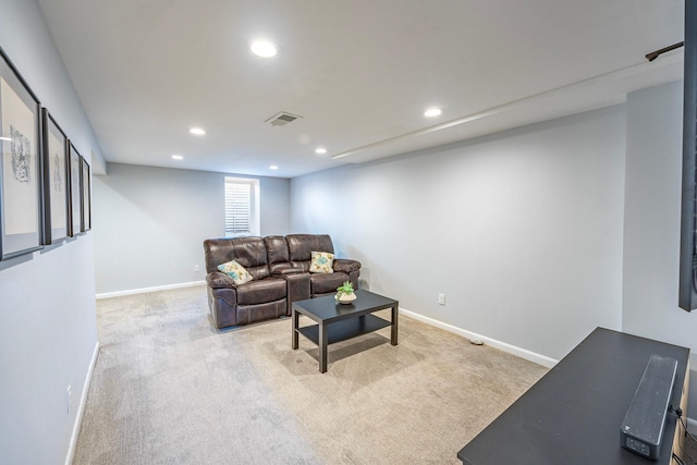 living area with recessed lighting, carpet flooring, and baseboards