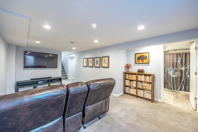 cinema room featuring recessed lighting, carpet flooring, and baseboards