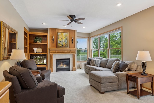 268 Saint Andrews Dr, Hudson, WI 54016 - living room featuring ceiling fan, light colored carpet, a fireplace, and recessed lighting