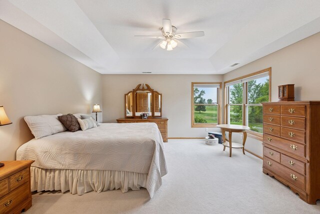 268 Saint Andrews Dr, Hudson, WI 54016 - bedroom with a raised ceiling, light carpet, baseboards, and a ceiling fan