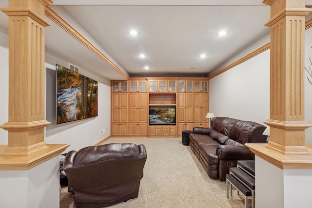 268 Saint Andrews Dr, Hudson, WI 54016 - living room with decorative columns, recessed lighting, and carpet floors