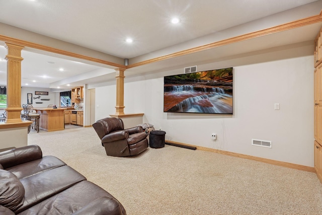 268 Saint Andrews Dr, Hudson, WI 54016 - home theater featuring ornate columns, light carpet, bar area, and recessed lighting