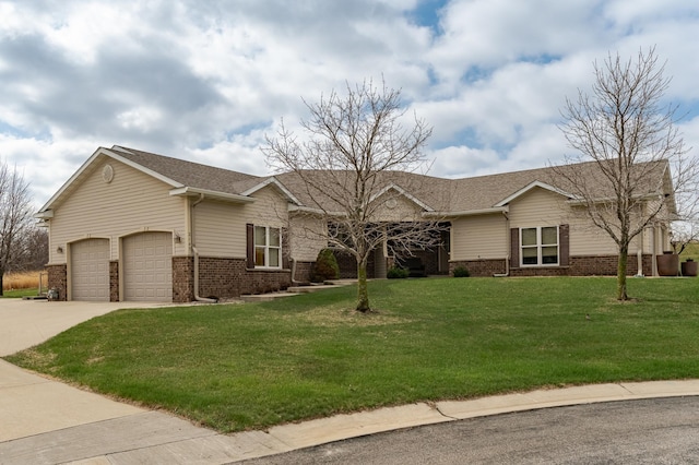 single story home featuring a shingled roof, a front lawn, concrete driveway, brick siding, and a garage