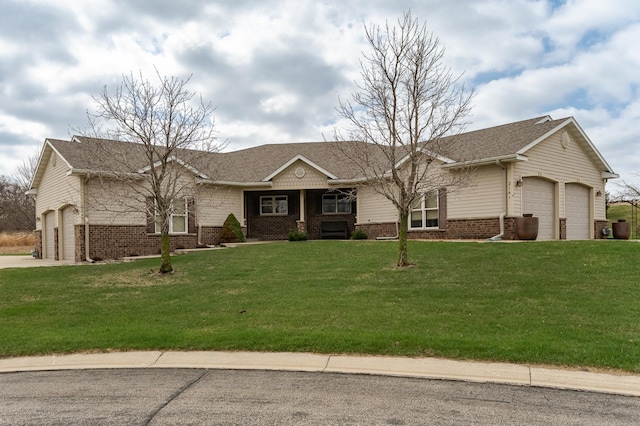 ranch-style house featuring concrete driveway, brick siding, an attached garage, a shingled roof, and a front yard