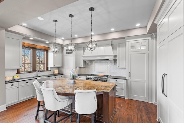 425 Carpenters Pt, Wayzata, MN 55391 - kitchen with premium range hood, a kitchen island, dark wood-type flooring, a sink, and a kitchen breakfast bar