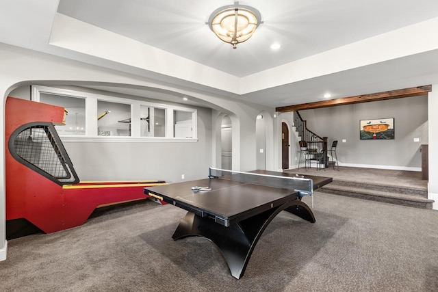 425 Carpenters Pt, Wayzata, MN 55391 - recreation room featuring arched walkways, carpet flooring, baseboards, and recessed lighting