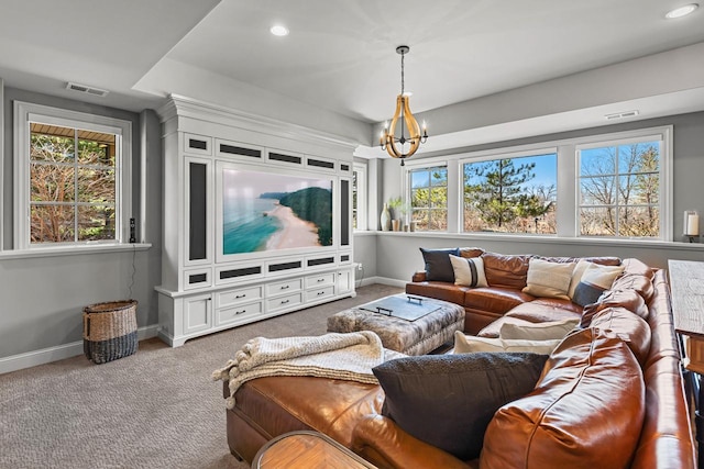 425 Carpenters Pt, Wayzata, MN 55391 - carpeted living area with a chandelier, baseboards, healthy amount of natural light, and recessed lighting