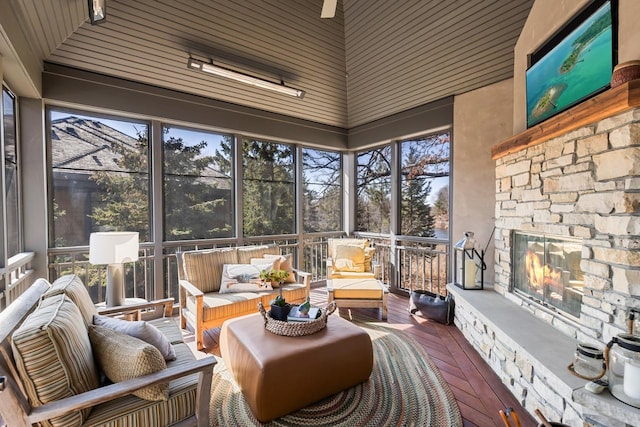 425 Carpenters Pt, Wayzata, MN 55391 - sunroom / solarium with an outdoor living space with a fireplace