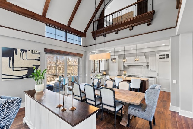 425 Carpenters Pt, Wayzata, MN 55391 - dining area with high vaulted ceiling, dark wood-style flooring, and beamed ceiling