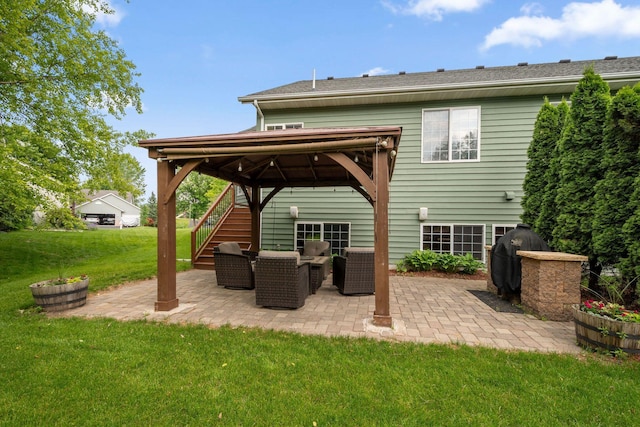 4562 Hummingbird Trl NE, Prior Lake, MN 55372 - rear view of house featuring a gazebo, a patio area, a lawn, and outdoor lounge area
