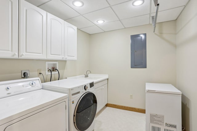 8671 Pheasant Run Rd, Woodbury, MN 55125 - laundry area featuring electric panel, cabinet space, washer and dryer, recessed lighting, and baseboards
