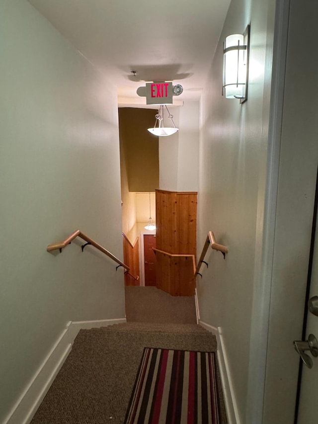 stairs featuring baseboards and carpet