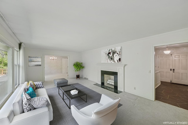 13907 Mcginty Rd E, Minnetonka, MN 55305 - carpeted living area with a chandelier, a fireplace with flush hearth, and crown molding