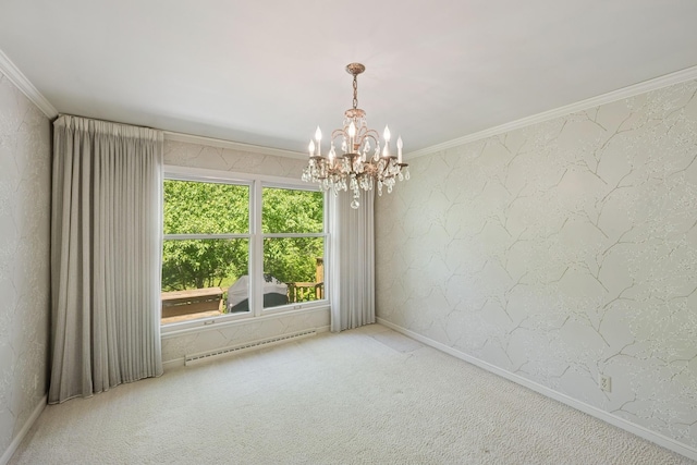 13907 Mcginty Rd E, Minnetonka, MN 55305 - carpeted spare room featuring baseboard heating, a chandelier, crown molding, and baseboards