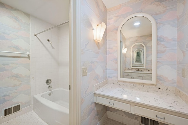 13907 Mcginty Rd E, Minnetonka, MN 55305 - full bathroom featuring shower / washtub combination, tile patterned flooring, vanity, and wallpapered walls