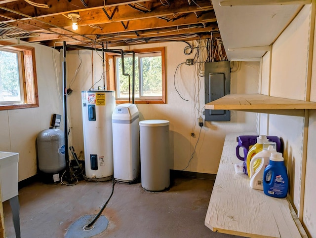 basement featuring electric panel and water heater