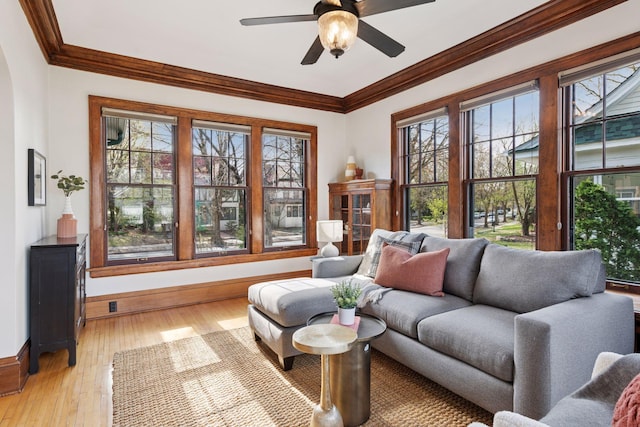 living area featuring light wood-type flooring, crown molding, a ceiling fan, baseboards, and plenty of natural light