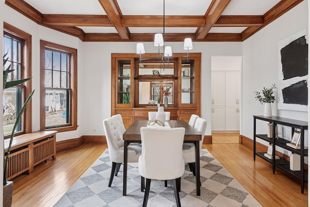 dining space featuring beamed ceiling, coffered ceiling, and light wood-style floors
