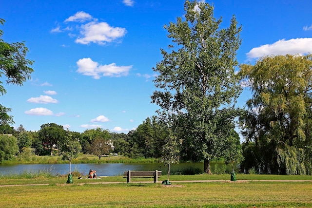 view of home's community featuring a water view and a yard