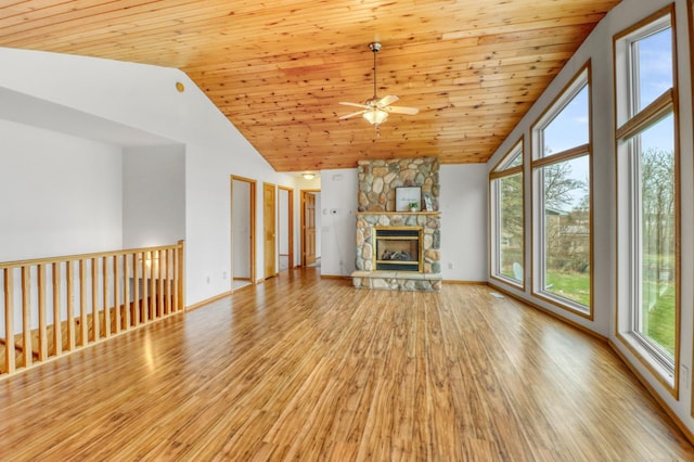 unfurnished living room featuring wood ceiling, a ceiling fan, a fireplace, high vaulted ceiling, and light wood finished floors