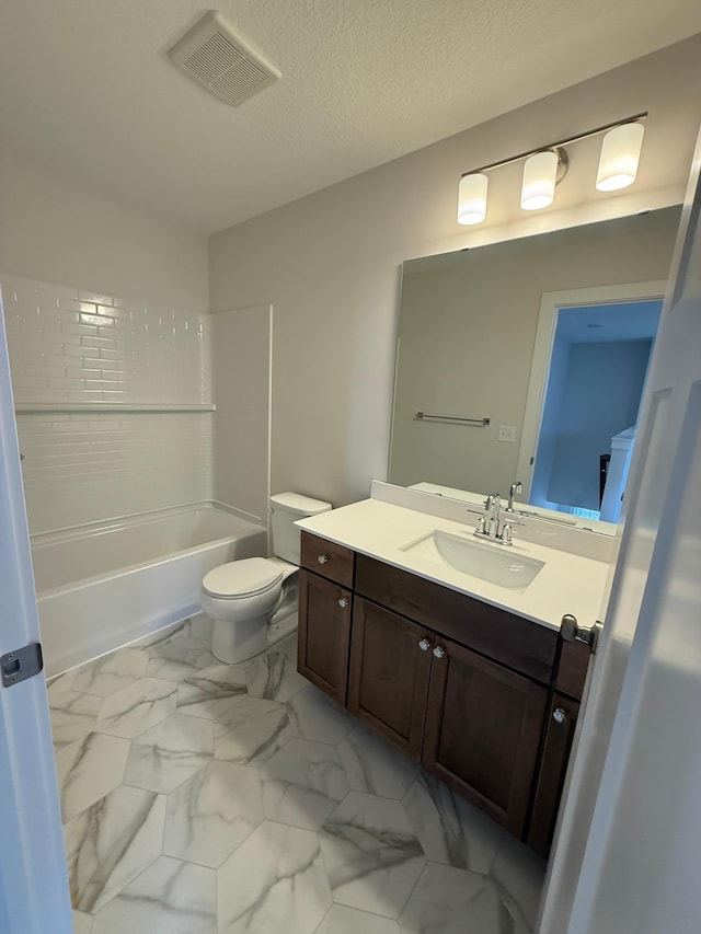 10124 Arrowwood Trl, Woodbury, MN 55129 - full bath featuring vanity, toilet, shower / bath combination, and marble finish floors