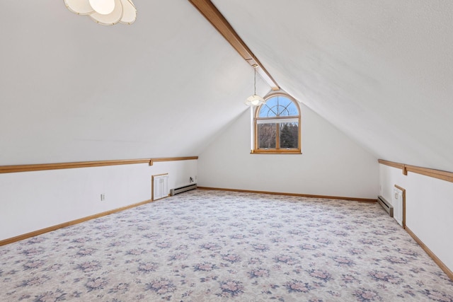 additional living space featuring a baseboard radiator, carpet, baseboards, and lofted ceiling