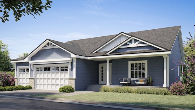 1422 Woodland Way, Lake City, MN 55041 - view of front of home featuring stone siding, a garage, driveway, covered porch, and a shingled roof