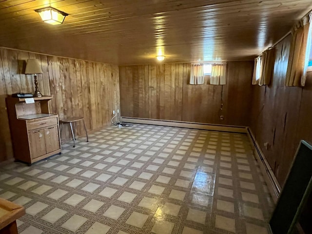 finished below grade area featuring light floors, wood walls, and wood ceiling