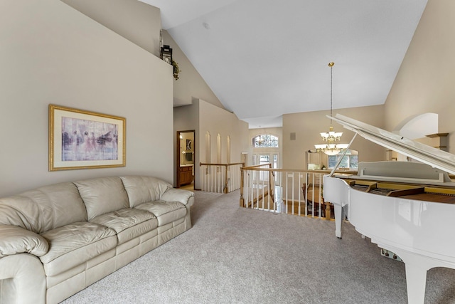 13162 Glenhaven Ave, Apple Valley, MN 55124 - living room featuring carpet floors, a chandelier, and high vaulted ceiling