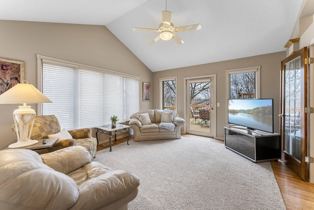 13162 Glenhaven Ave, Apple Valley, MN 55124 - living room with lofted ceiling, ceiling fan, and wood finished floors