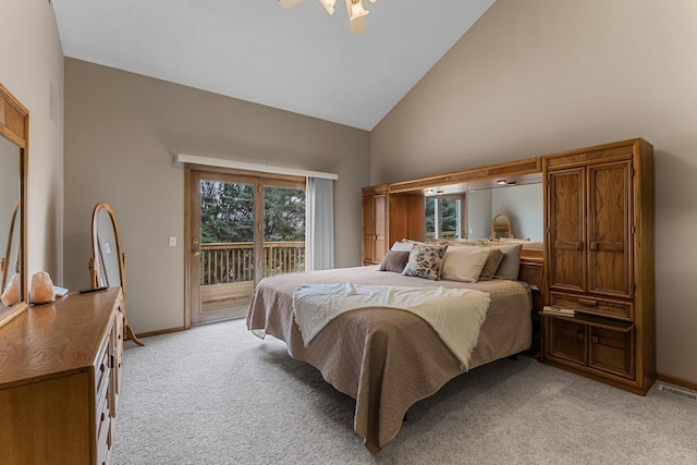 13162 Glenhaven Ave, Apple Valley, MN 55124 - bedroom featuring high vaulted ceiling, access to exterior, light colored carpet, baseboards, and ceiling fan
