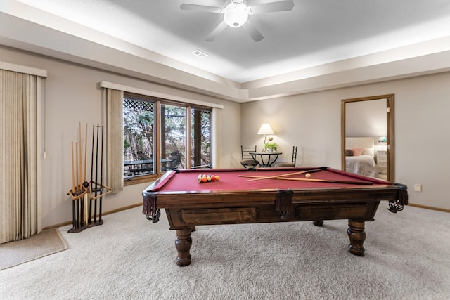 13162 Glenhaven Ave, Apple Valley, MN 55124 - recreation room with light carpet, billiards table, and a ceiling fan