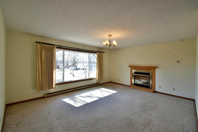 18045 Delaware Ln, Eden Lake Twp, MN 56362 - unfurnished living room with a baseboard heating unit, a chandelier, carpet floors, a textured ceiling, and a glass covered fireplace
