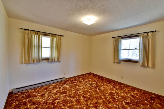 18045 Delaware Ln, Eden Lake Twp, MN 56362 - empty room featuring a baseboard heating unit, carpet floors, a textured ceiling, and baseboards