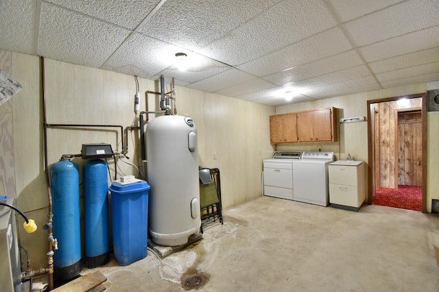 18045 Delaware Ln, Eden Lake Twp, MN 56362 - finished basement featuring washer and dryer, a drop ceiling, a water softener system, and wood walls
