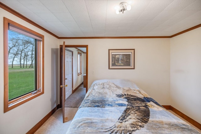 bedroom featuring carpet floors, ornamental molding, and baseboards