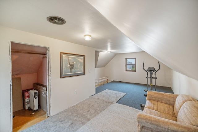 additional living space featuring carpet flooring, visible vents, and lofted ceiling